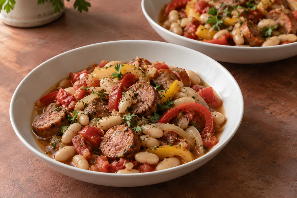 Two bowls of sausage, white beans, peppers and tomato with parsley