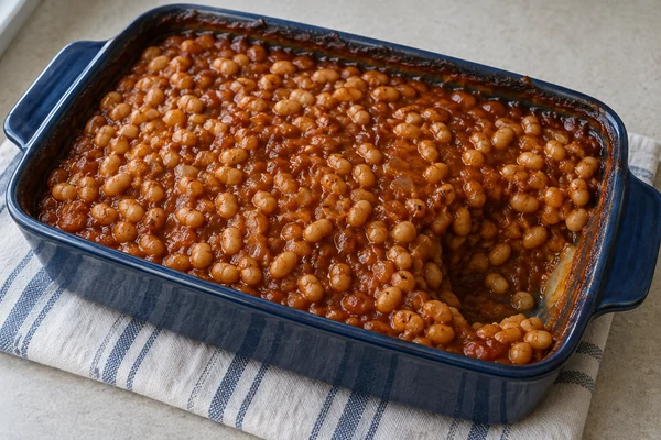 Smoky baked navy beans in a blue casserole with a serving scooped from one corner