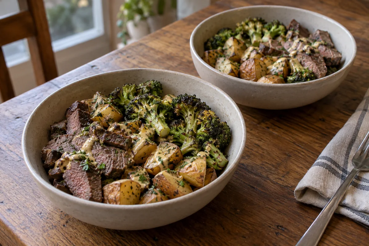 Two bowls of sliced steak, browned potatoes and broccoli with mustard dressing