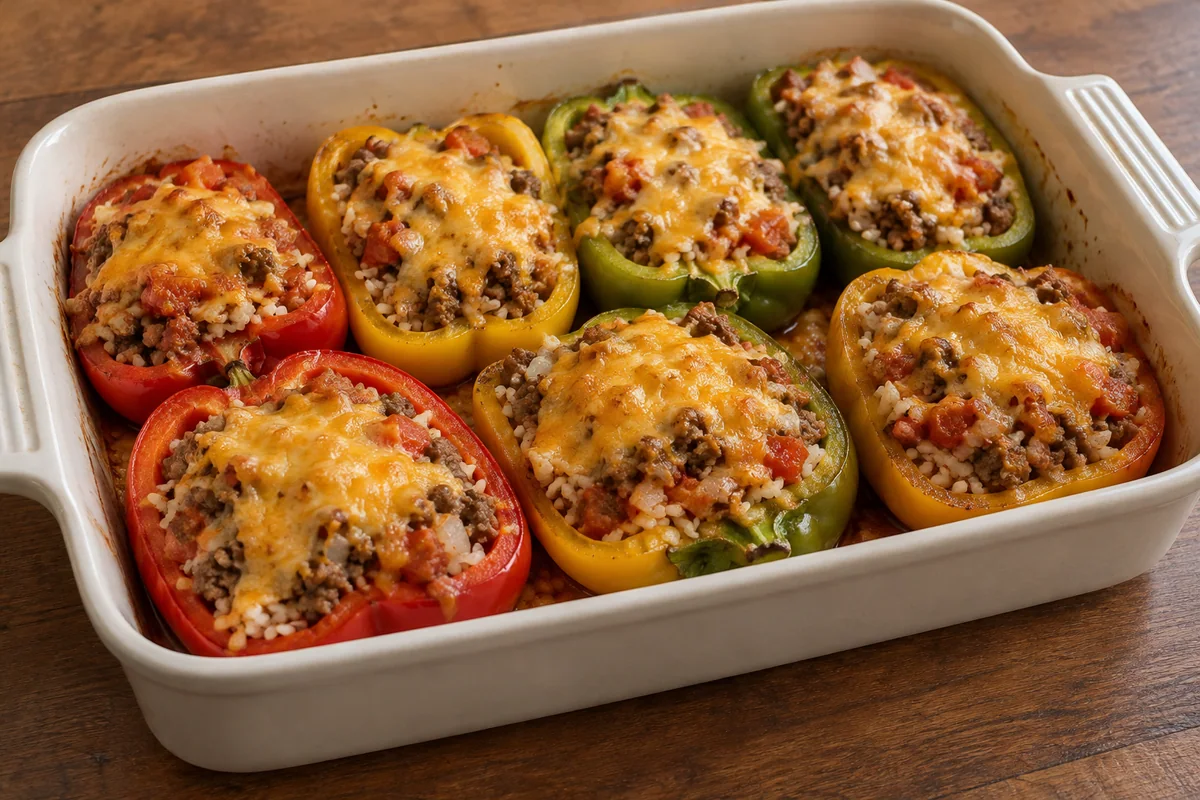 Bell pepper halves filled with ground beef, white rice and tomato under melted cheddar