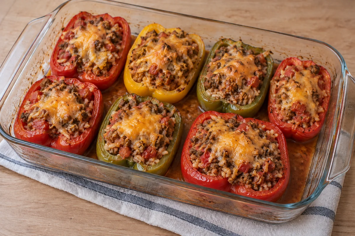 Beef and rice stuffed pepper halves under melted cheddar in a glass dish