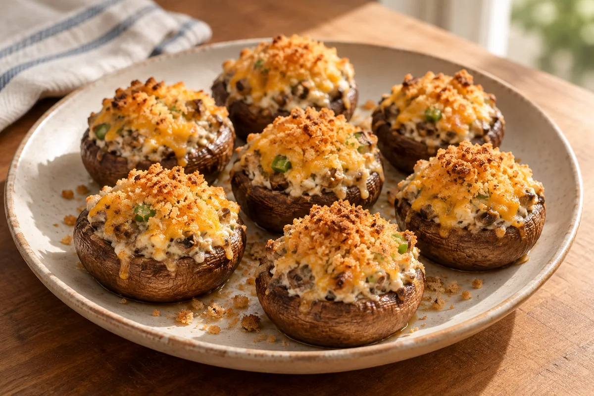 Baked cremini mushrooms with creamy cheddar filling and golden breadcrumb tops