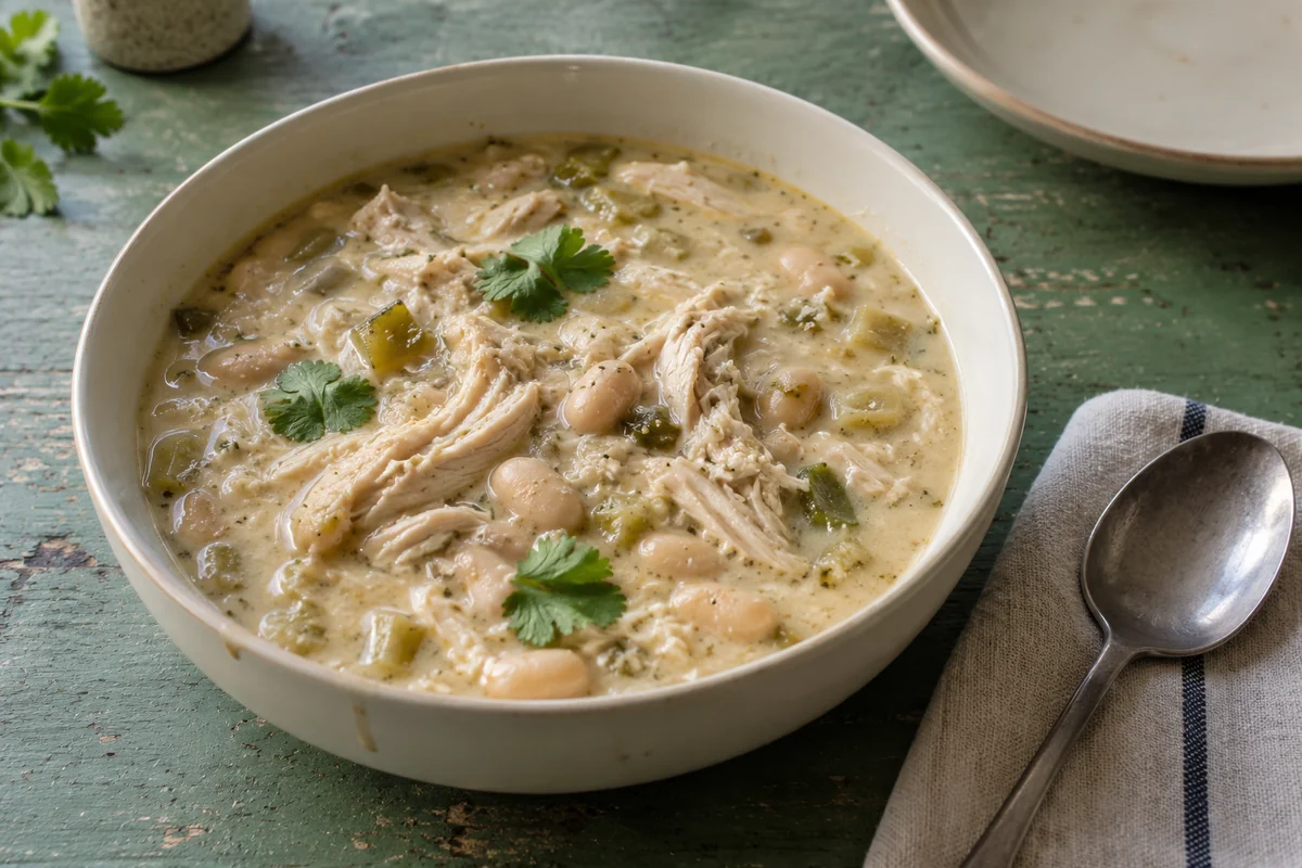 White chicken chili with shredded thigh meat, white beans and green chiles in a shallow ceramic bowl